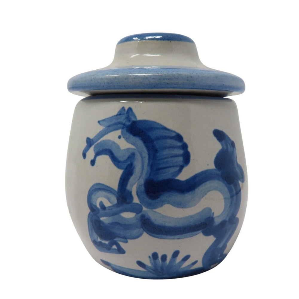 M A Hadley Blue Horse Stoneware Canister Crock Bean Pot Jar Spoon Notch Lid VTG